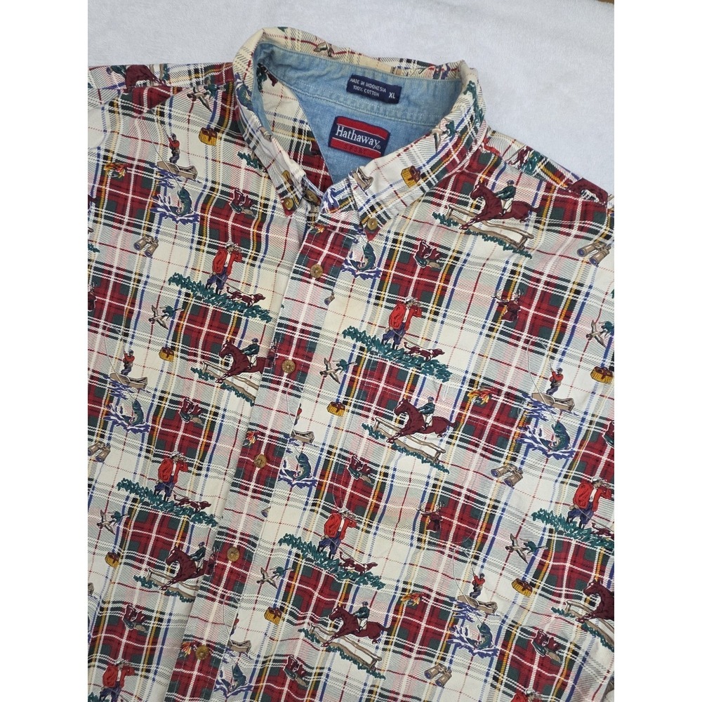 Vtg 90s Twill Plaid Outdoor Fish Dog Equestrian Print Button Down Shirt Mens XL